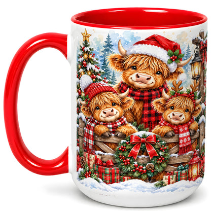 #pl[15oz|Red] Highland Cow Family Christmas Coffee Mug, Winter Cow Mug, Ceramic Cup