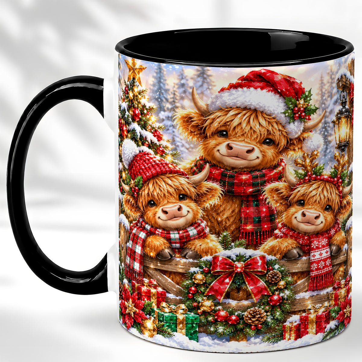 #pl[11oz|Black] Sparkling Highland Cow Christmas Coffee Mug, Winter Cow Mug, Ceramic Cup