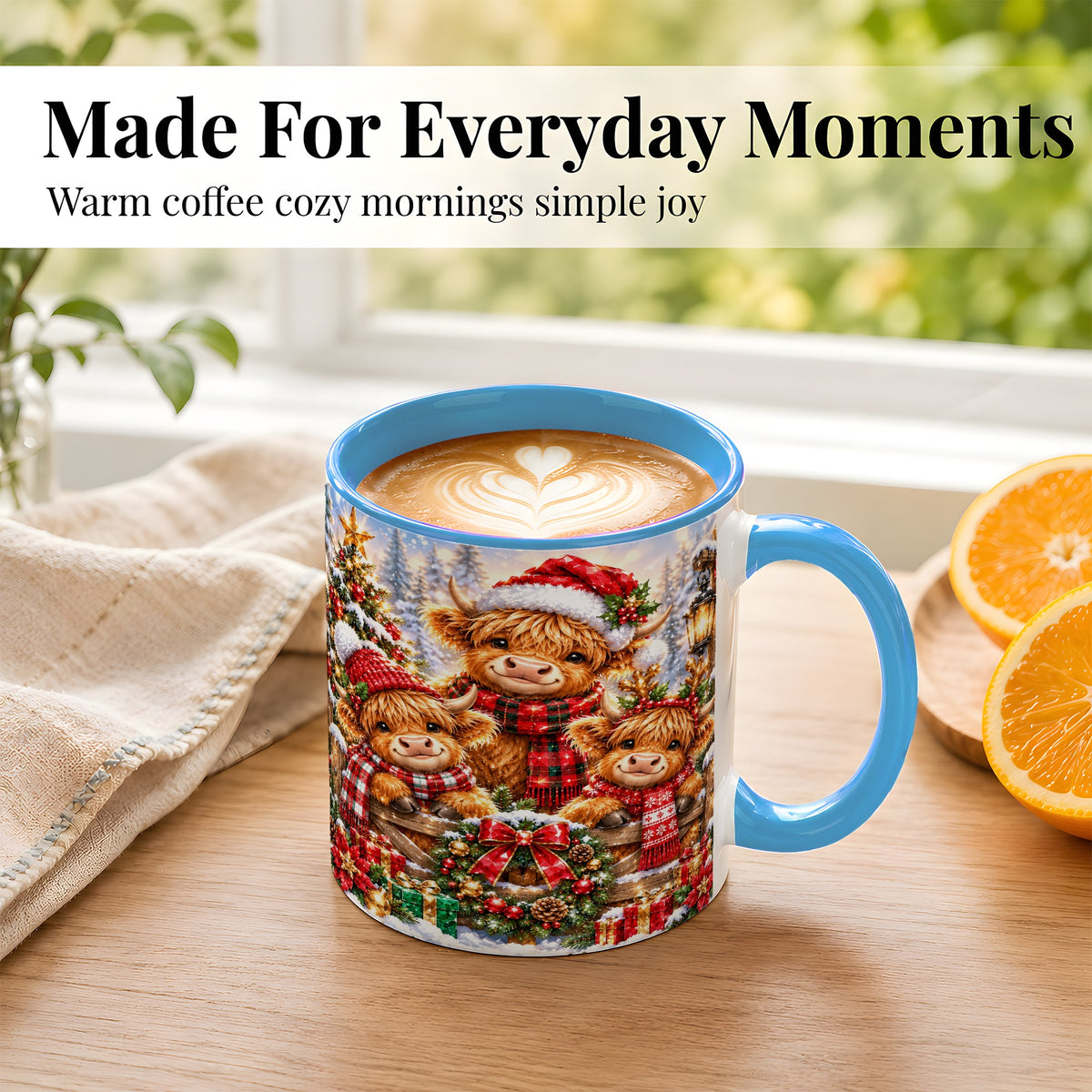 #pl[11oz|Blue] Sparkling Highland Cow Christmas Coffee Mug, Winter Cow Mug, Ceramic Cup