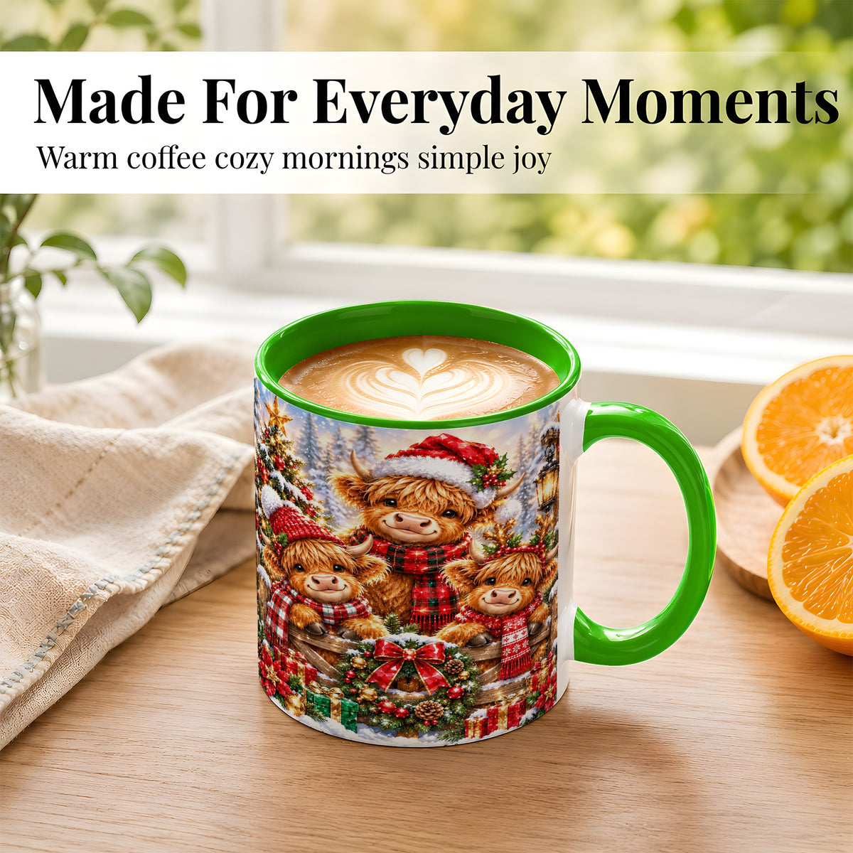 #pl[11oz|Green] Sparkling Highland Cow Christmas Coffee Mug, Winter Cow Mug, Ceramic Cup