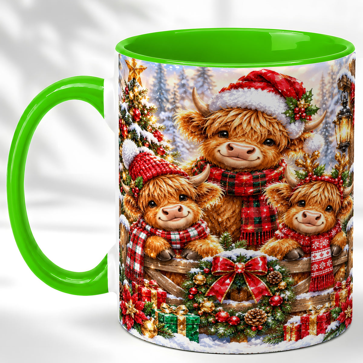 #pl[11oz|Green] Sparkling Highland Cow Christmas Coffee Mug, Winter Cow Mug, Ceramic Cup