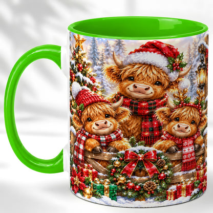#pl[11oz|Green] Sparkling Highland Cow Christmas Coffee Mug, Winter Cow Mug, Ceramic Cup