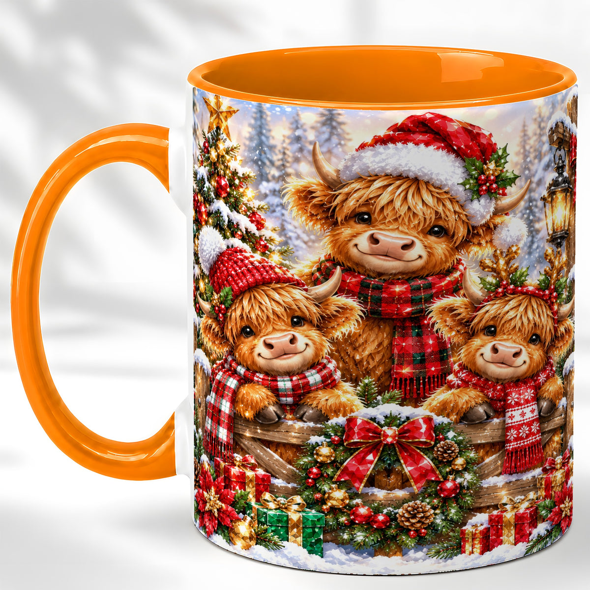 #pl[11oz|Orange] Sparkling Highland Cow Christmas Coffee Mug, Winter Cow Mug, Ceramic Cup