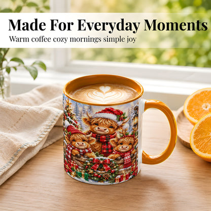 #pl[11oz|Orange] Sparkling Highland Cow Christmas Coffee Mug, Winter Cow Mug, Ceramic Cup
