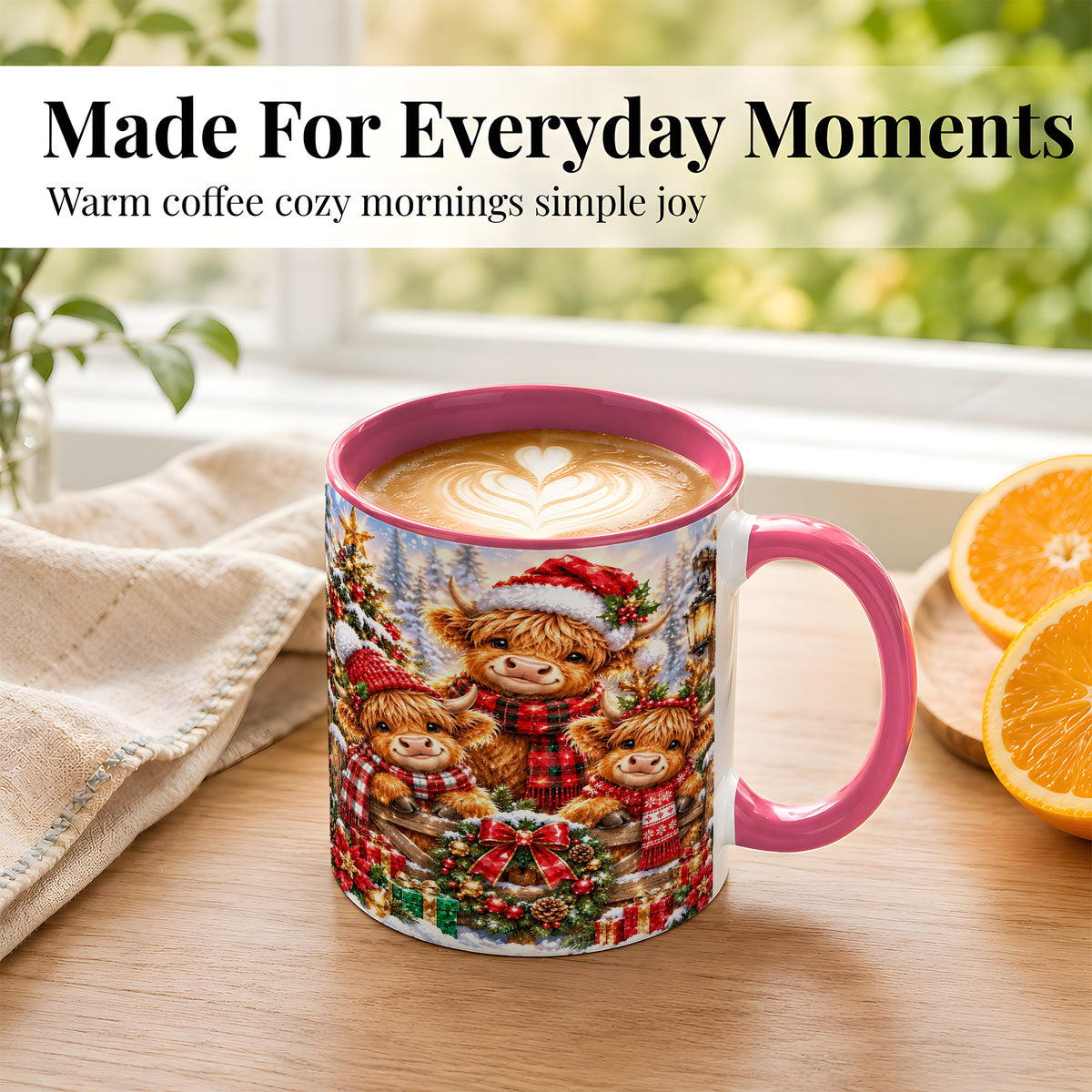 #pl[11oz|Pink] Sparkling Highland Cow Christmas Coffee Mug, Winter Cow Mug, Ceramic Cup