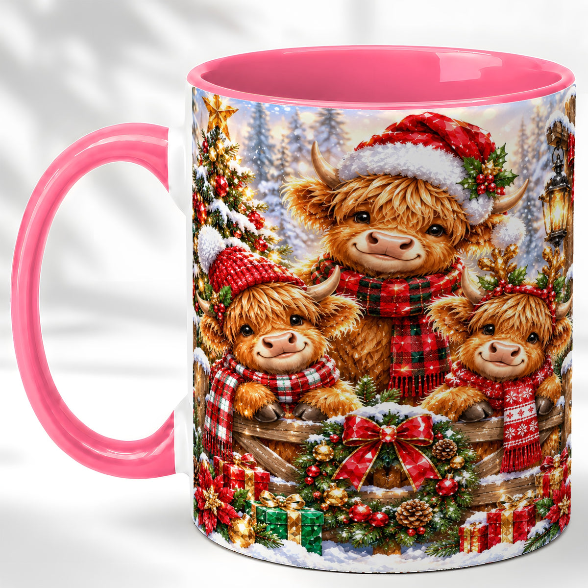 #pl[11oz|Pink] Sparkling Highland Cow Christmas Coffee Mug, Winter Cow Mug, Ceramic Cup
