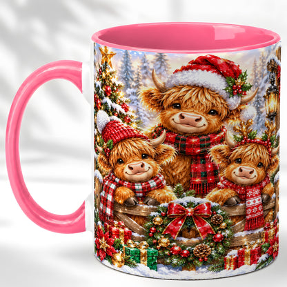 #pl[11oz|Pink] Sparkling Highland Cow Christmas Coffee Mug, Winter Cow Mug, Ceramic Cup