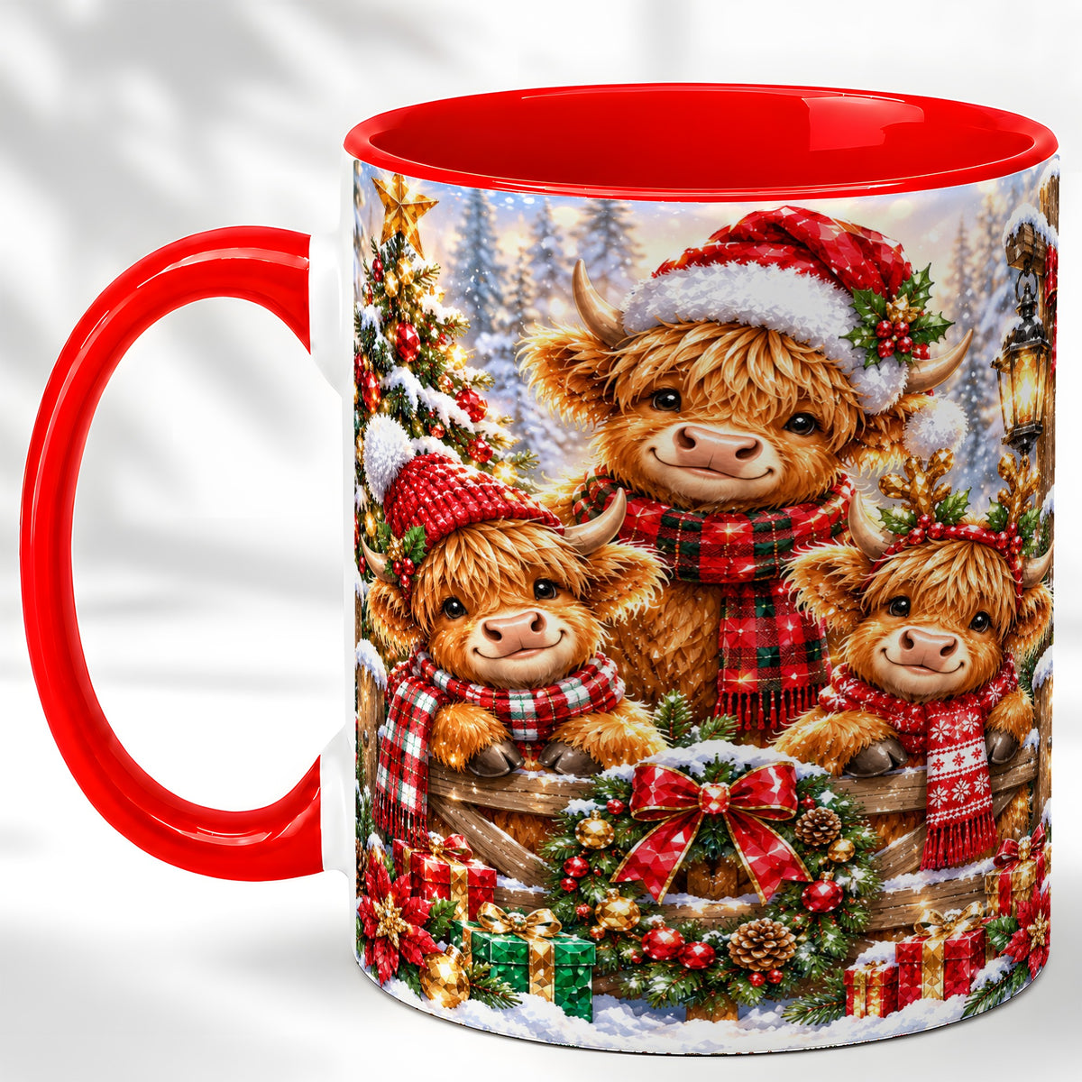 Sparkling Highland Cow Christmas Coffee Mug, Winter Cow Mug, Ceramic Cup