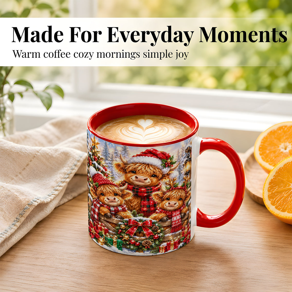 #pl[11oz|Red] Sparkling Highland Cow Christmas Coffee Mug, Winter Cow Mug, Ceramic Cup