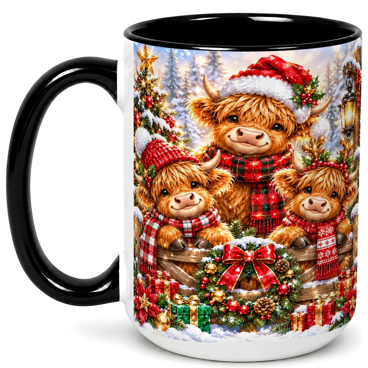 #pl[15oz|Black] Sparkling Highland Cow Christmas Coffee Mug, Winter Cow Mug, Ceramic Cup
