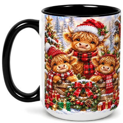 #pl[15oz|Black] Sparkling Highland Cow Christmas Coffee Mug, Winter Cow Mug, Ceramic Cup