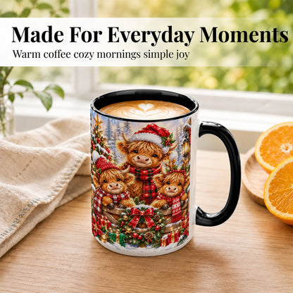 #pl[15oz|Black] Sparkling Highland Cow Christmas Coffee Mug, Winter Cow Mug, Ceramic Cup