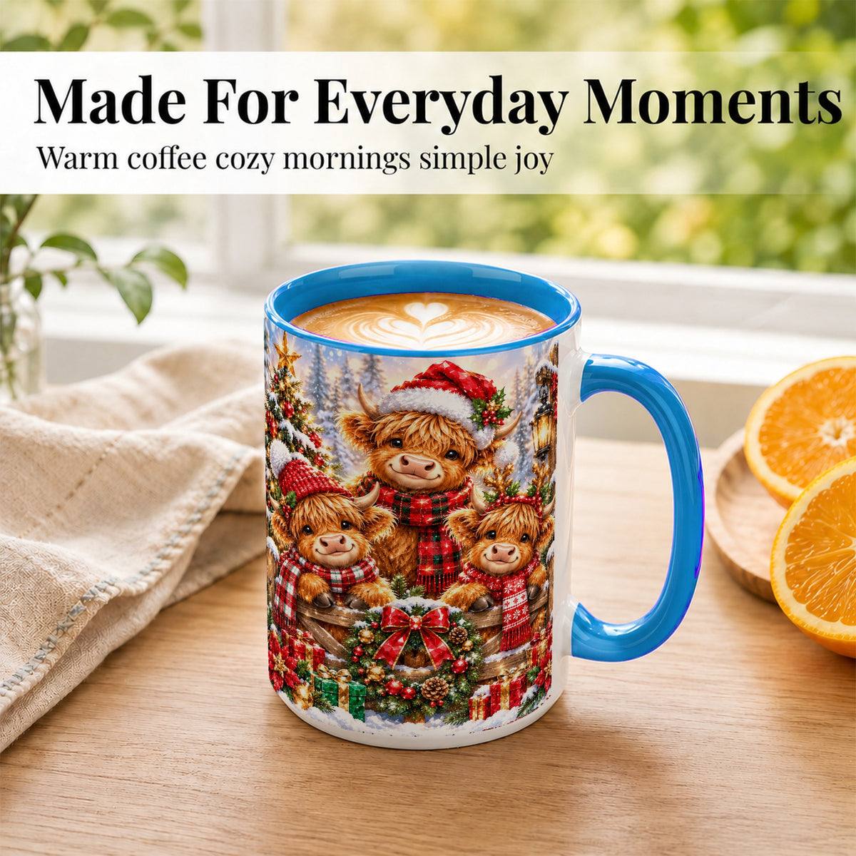 #pl[15oz|Blue] Sparkling Highland Cow Christmas Coffee Mug, Winter Cow Mug, Ceramic Cup