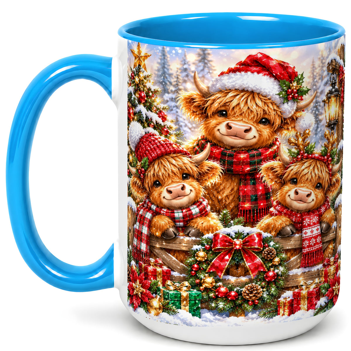 #pl[15oz|Blue] Sparkling Highland Cow Christmas Coffee Mug, Winter Cow Mug, Ceramic Cup