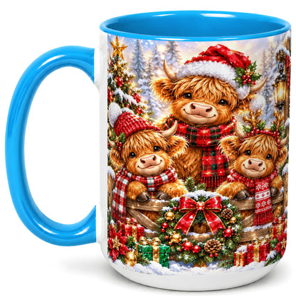 #pl[15oz|Blue] Sparkling Highland Cow Christmas Coffee Mug, Winter Cow Mug, Ceramic Cup