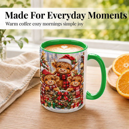 #pl[15oz|Green] Sparkling Highland Cow Christmas Coffee Mug, Winter Cow Mug, Ceramic Cup