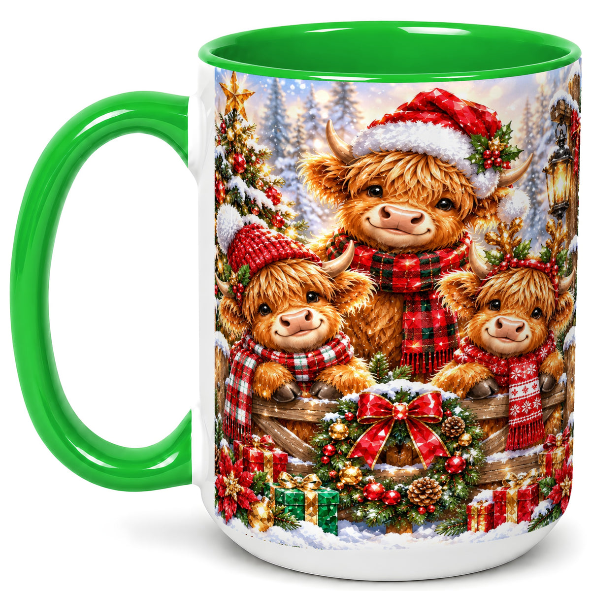 #pl[15oz|Green] Sparkling Highland Cow Christmas Coffee Mug, Winter Cow Mug, Ceramic Cup