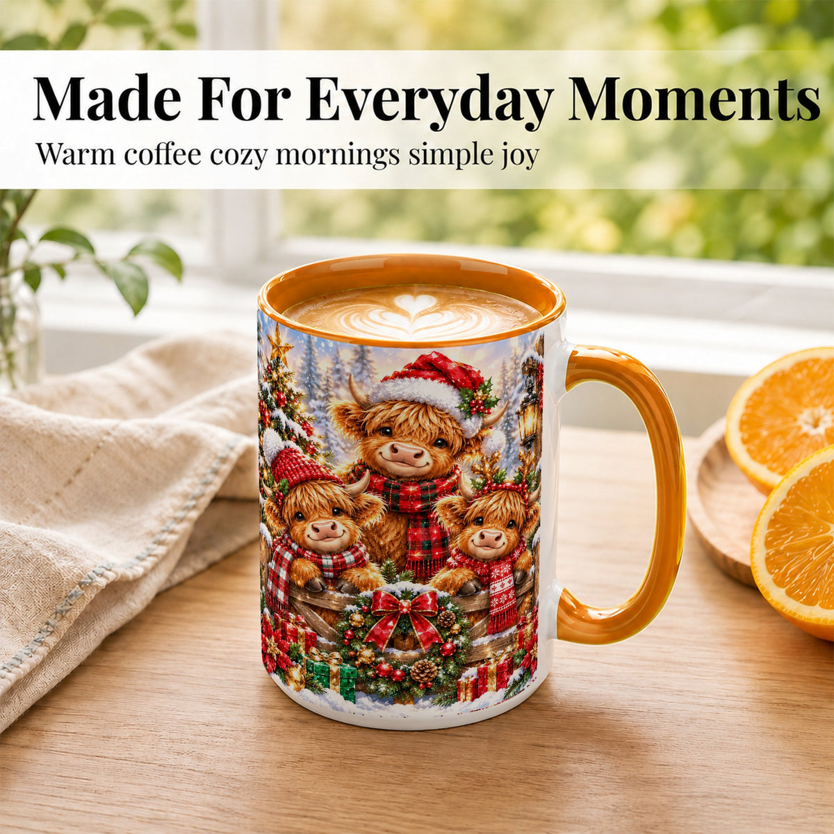 #pl[15oz|Orange] Sparkling Highland Cow Christmas Coffee Mug, Winter Cow Mug, Ceramic Cup