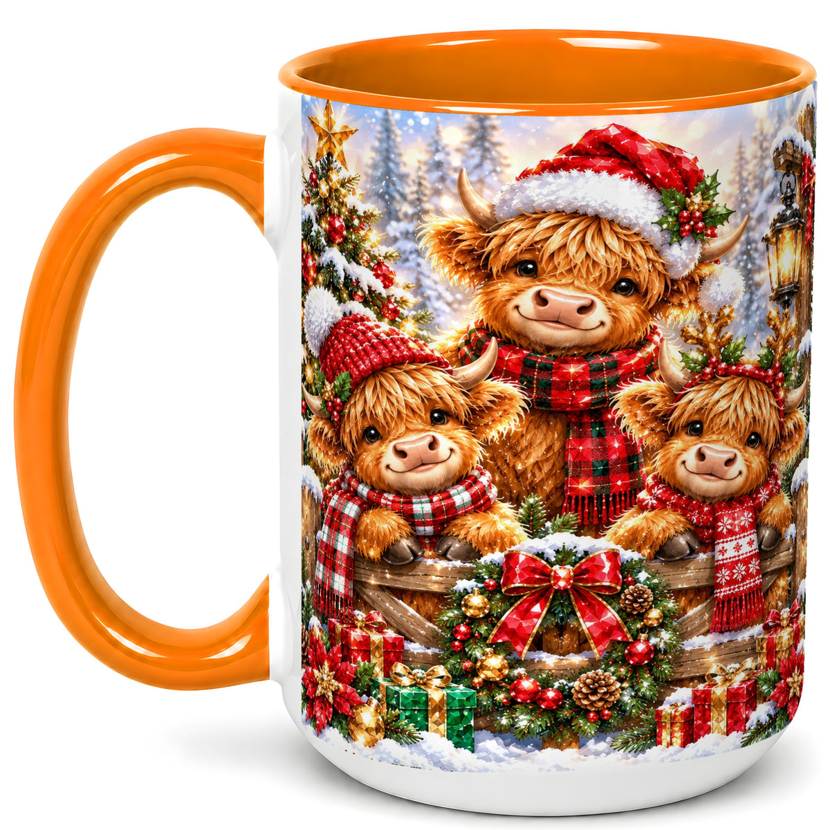 #pl[15oz|Orange] Sparkling Highland Cow Christmas Coffee Mug, Winter Cow Mug, Ceramic Cup