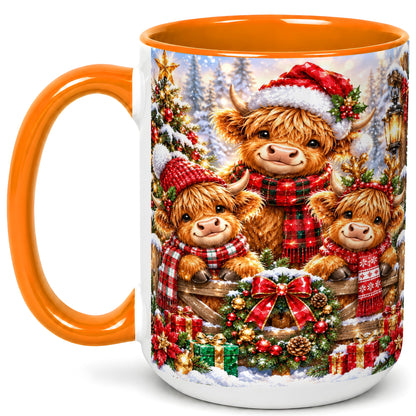 #pl[15oz|Orange] Sparkling Highland Cow Christmas Coffee Mug, Winter Cow Mug, Ceramic Cup
