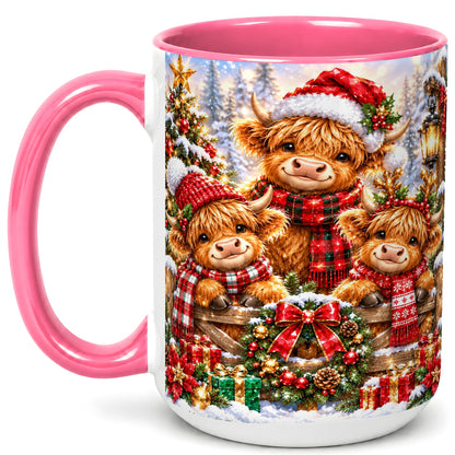 #pl[15oz|Pink] Sparkling Highland Cow Christmas Coffee Mug, Winter Cow Mug, Ceramic Cup