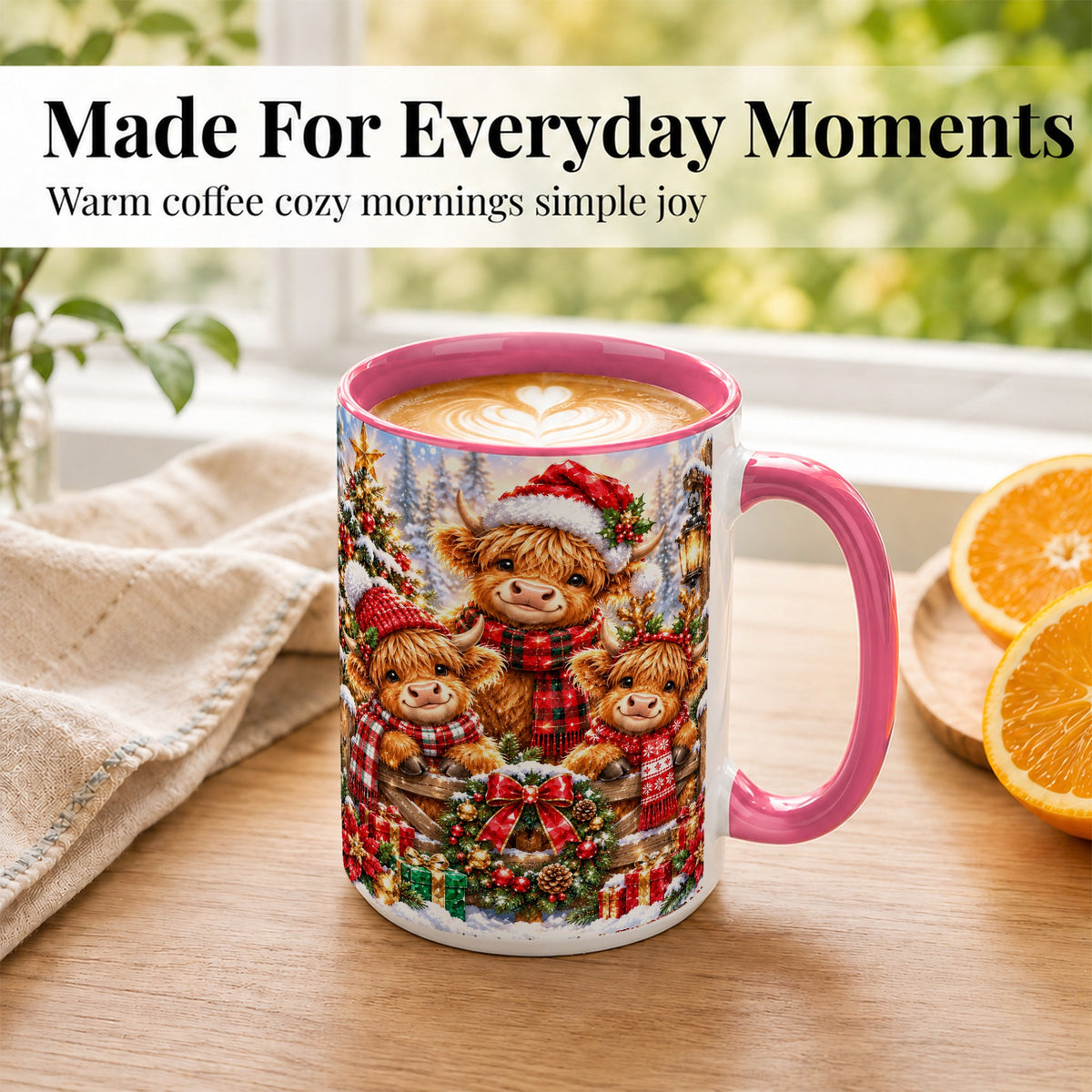 #pl[15oz|Pink] Sparkling Highland Cow Christmas Coffee Mug, Winter Cow Mug, Ceramic Cup