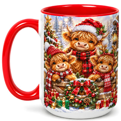#pl[15oz|Red] Sparkling Highland Cow Christmas Coffee Mug, Winter Cow Mug, Ceramic Cup