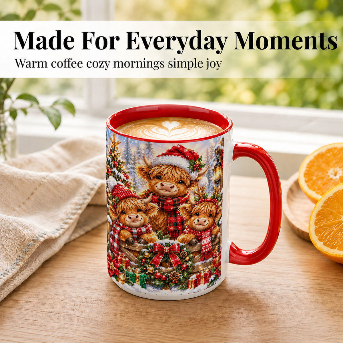 #pl[15oz|Red] Sparkling Highland Cow Christmas Coffee Mug, Winter Cow Mug, Ceramic Cup