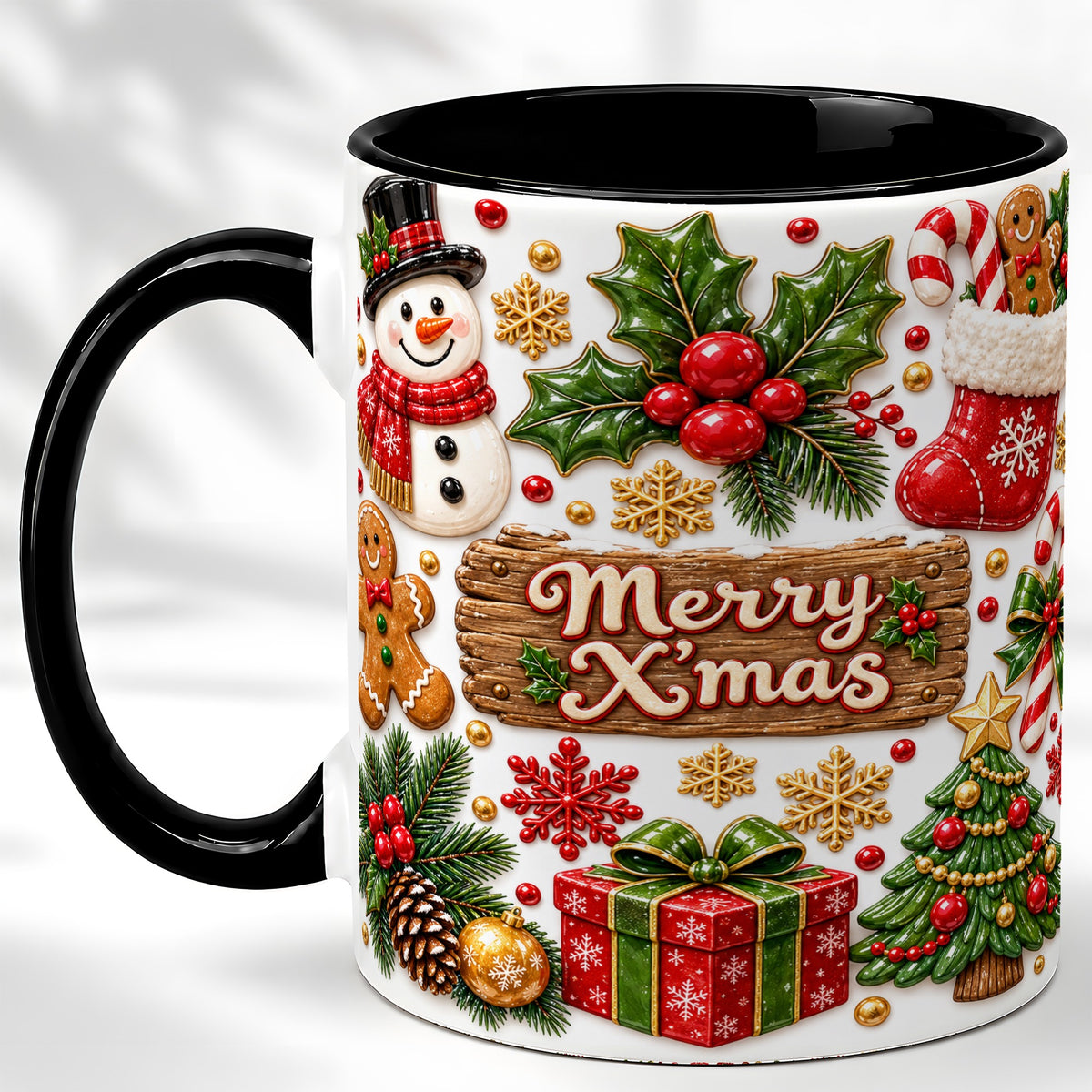 #pl[11oz|Black] Christmas Icons Coffee Mug, Snowman Gingerbread Mug, Ceramic Cup