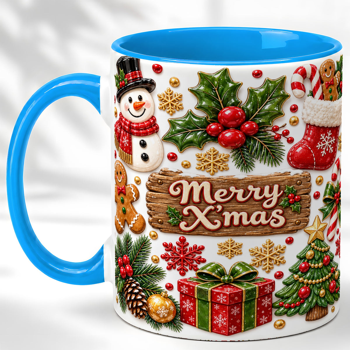 #pl[11oz|Blue] Christmas Icons Coffee Mug, Snowman Gingerbread Mug, Ceramic Cup