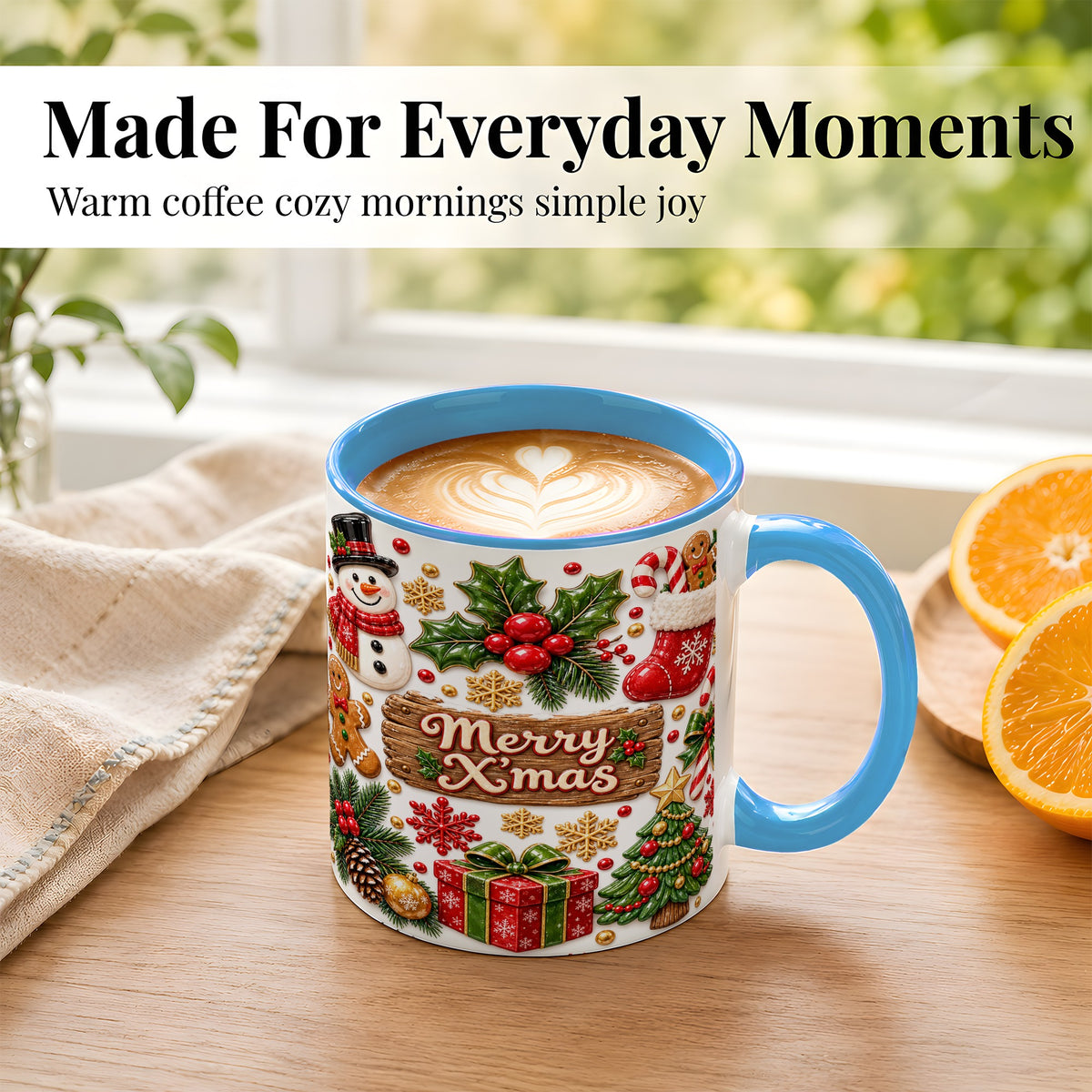 #pl[11oz|Blue] Christmas Icons Coffee Mug, Snowman Gingerbread Mug, Ceramic Cup