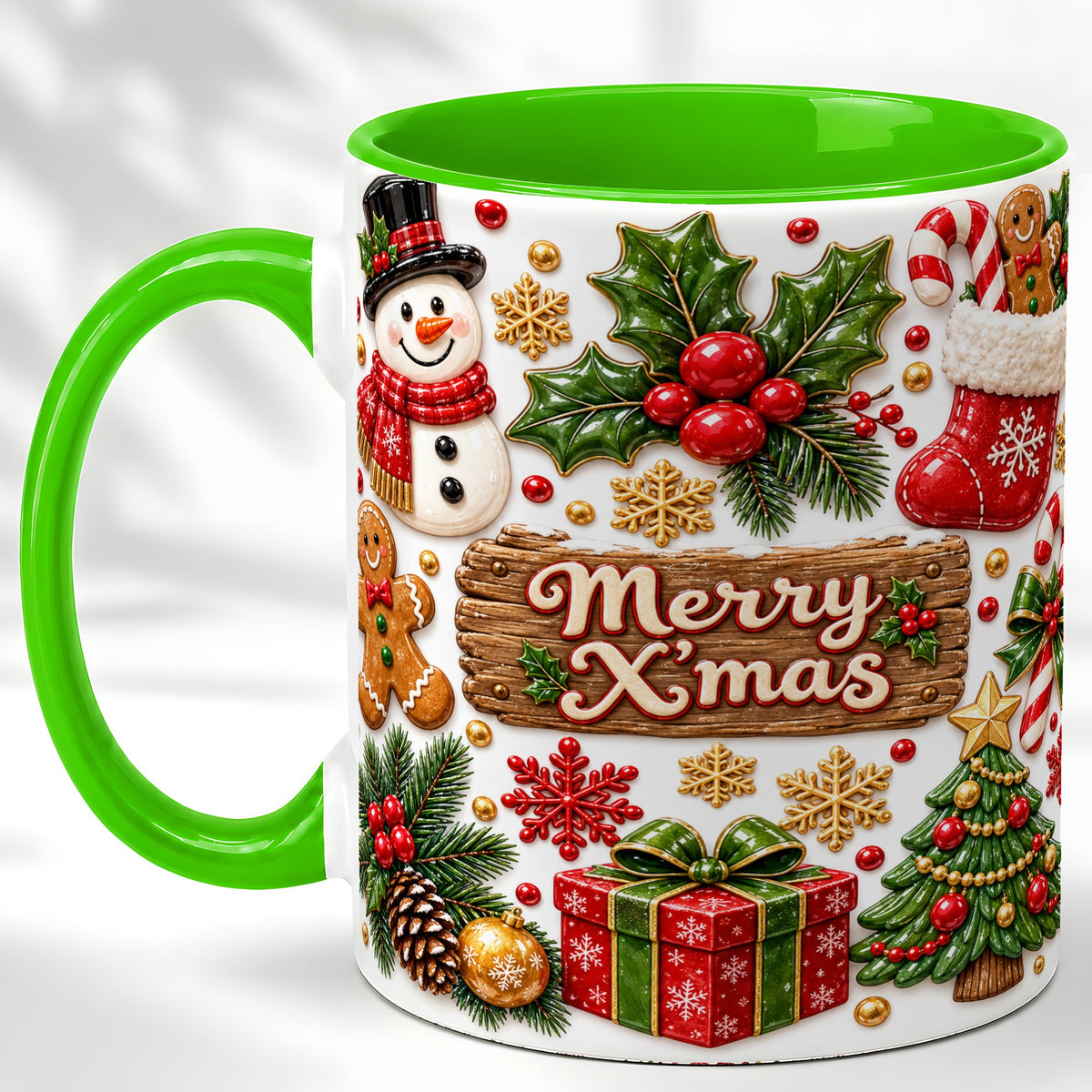 #pl[11oz|Green] Christmas Icons Coffee Mug, Snowman Gingerbread Mug, Ceramic Cup
