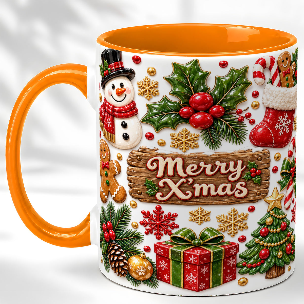 #pl[11oz|Orange] Christmas Icons Coffee Mug, Snowman Gingerbread Mug, Ceramic Cup