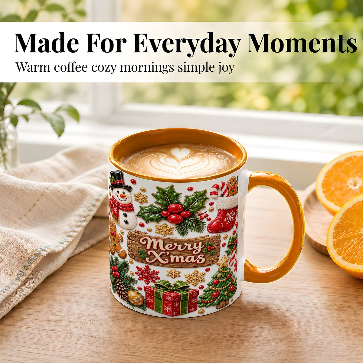 #pl[11oz|Orange] Christmas Icons Coffee Mug, Snowman Gingerbread Mug, Ceramic Cup