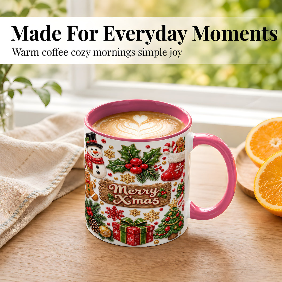 #pl[11oz|Pink] Christmas Icons Coffee Mug, Snowman Gingerbread Mug, Ceramic Cup