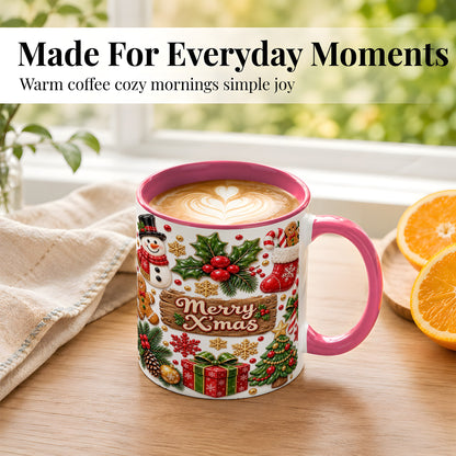 #pl[11oz|Pink] Christmas Icons Coffee Mug, Snowman Gingerbread Mug, Ceramic Cup