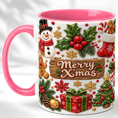 #pl[11oz|Pink] Christmas Icons Coffee Mug, Snowman Gingerbread Mug, Ceramic Cup