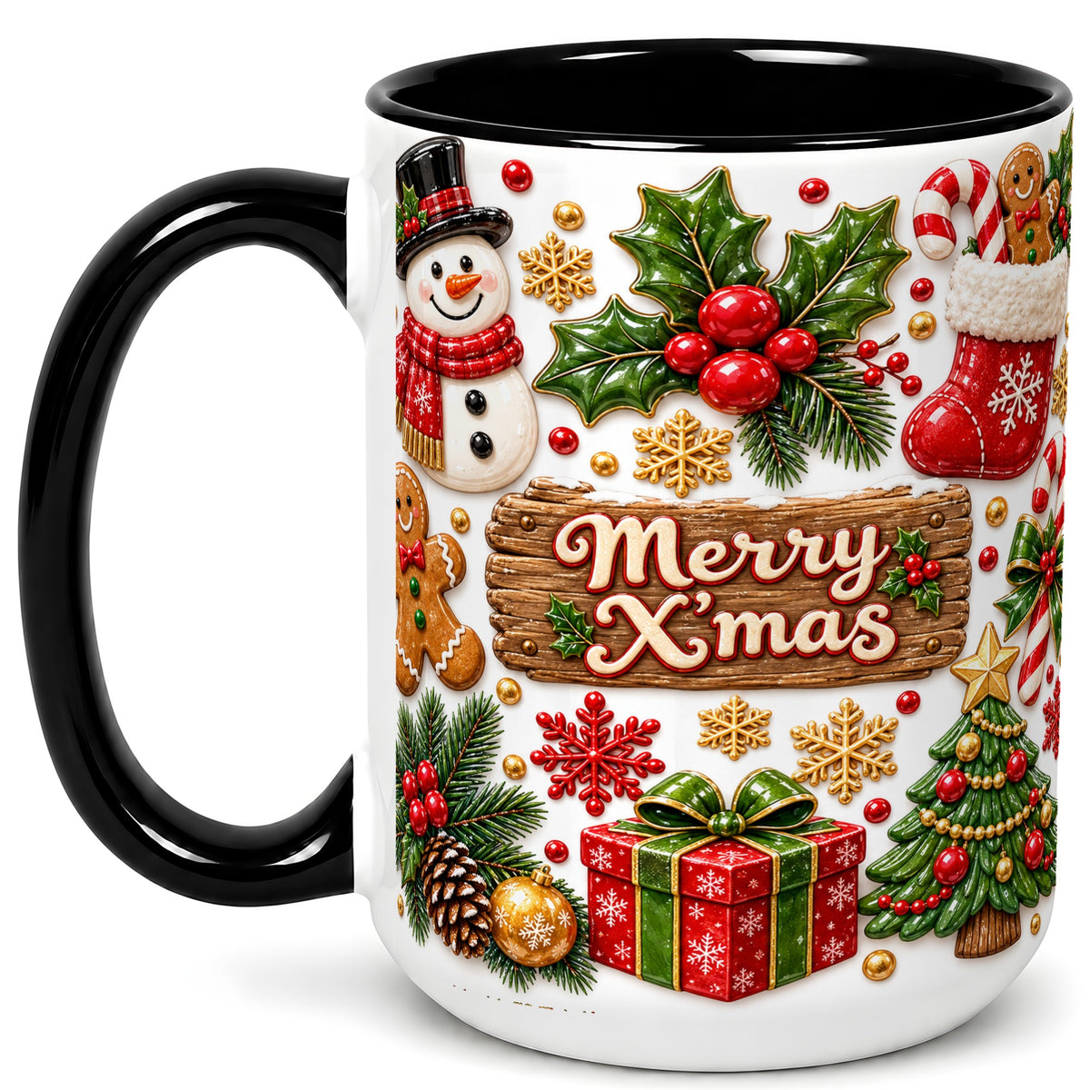 #pl[15oz|Black] Christmas Icons Coffee Mug, Snowman Gingerbread Mug, Ceramic Cup