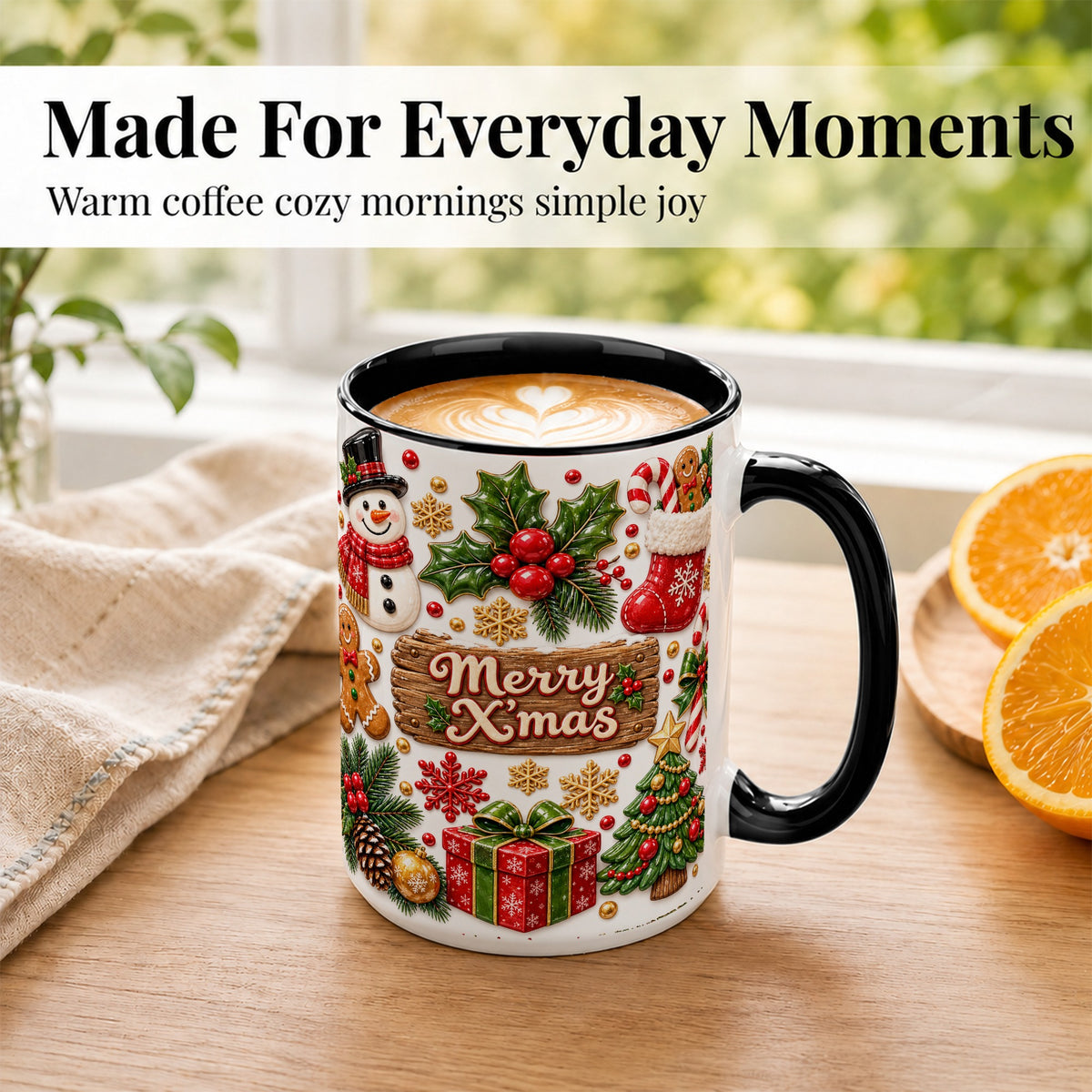 #pl[15oz|Black] Christmas Icons Coffee Mug, Snowman Gingerbread Mug, Ceramic Cup