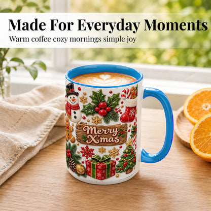 #pl[15oz|Blue] Christmas Icons Coffee Mug, Snowman Gingerbread Mug, Ceramic Cup