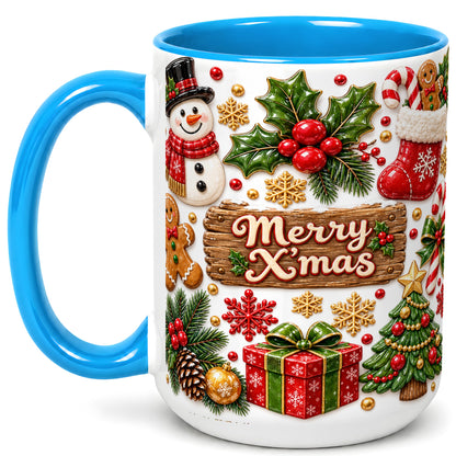 #pl[15oz|Blue] Christmas Icons Coffee Mug, Snowman Gingerbread Mug, Ceramic Cup