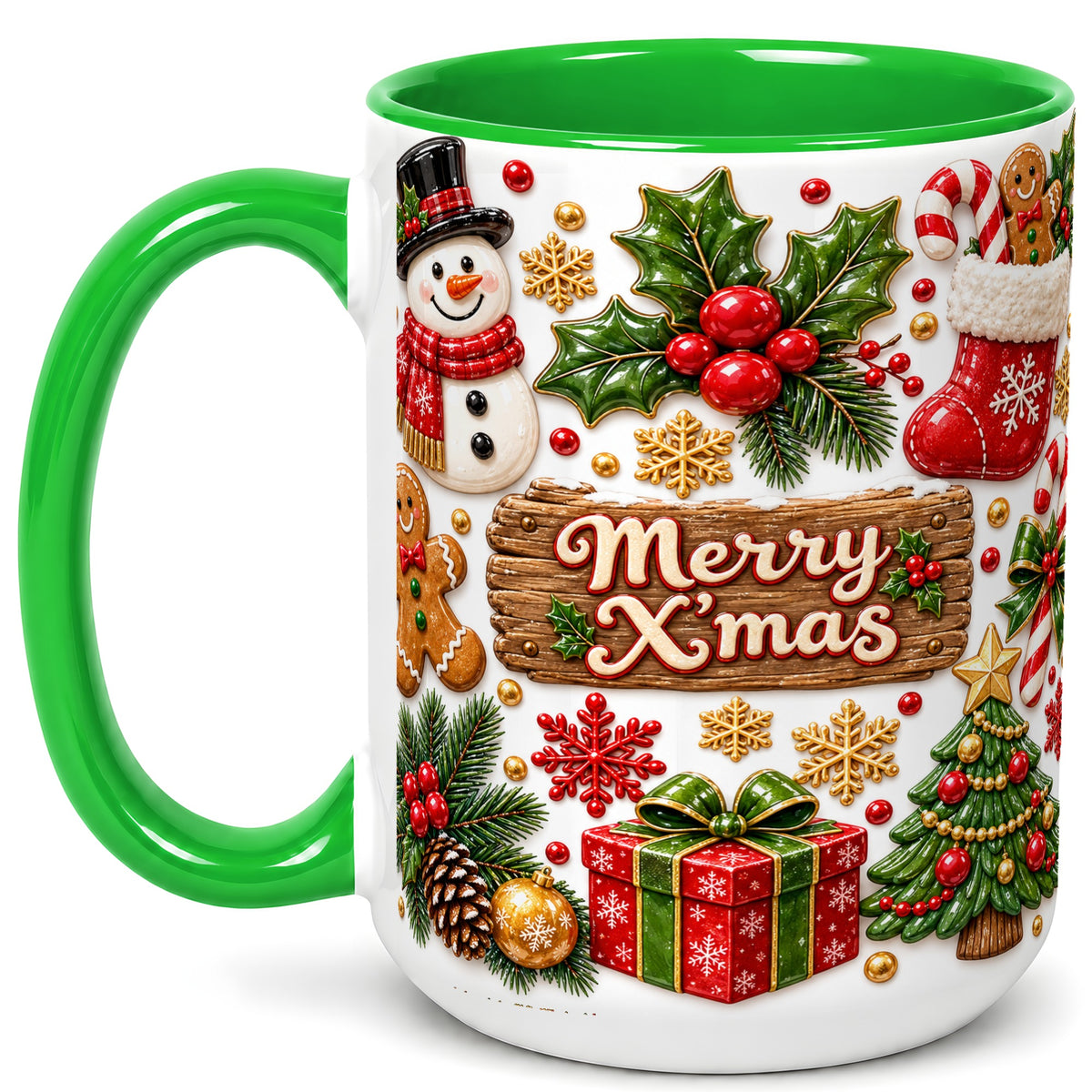 #pl[15oz|Green] Christmas Icons Coffee Mug, Snowman Gingerbread Mug, Ceramic Cup