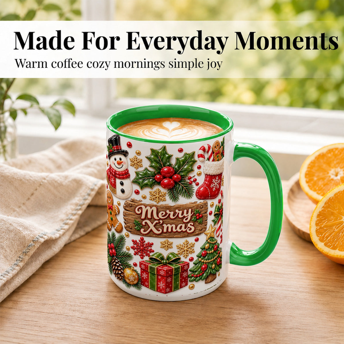 #pl[15oz|Green] Christmas Icons Coffee Mug, Snowman Gingerbread Mug, Ceramic Cup