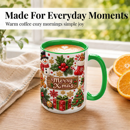 #pl[15oz|Green] Christmas Icons Coffee Mug, Snowman Gingerbread Mug, Ceramic Cup