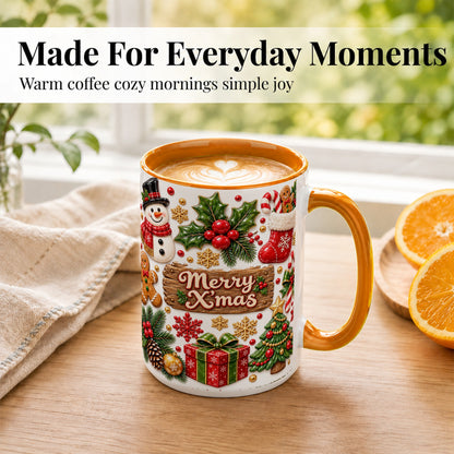 #pl[15oz|Orange] Christmas Icons Coffee Mug, Snowman Gingerbread Mug, Ceramic Cup