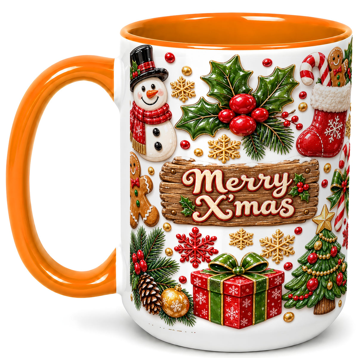 #pl[15oz|Orange] Christmas Icons Coffee Mug, Snowman Gingerbread Mug, Ceramic Cup