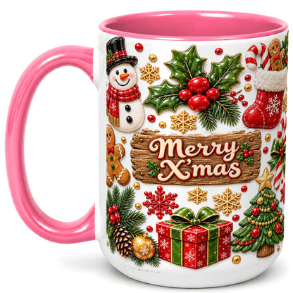 #pl[15oz|Pink] Christmas Icons Coffee Mug, Snowman Gingerbread Mug, Ceramic Cup