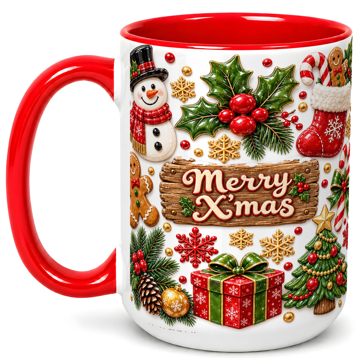 #pl[15oz|Red] Christmas Icons Coffee Mug, Snowman Gingerbread Mug, Ceramic Cup