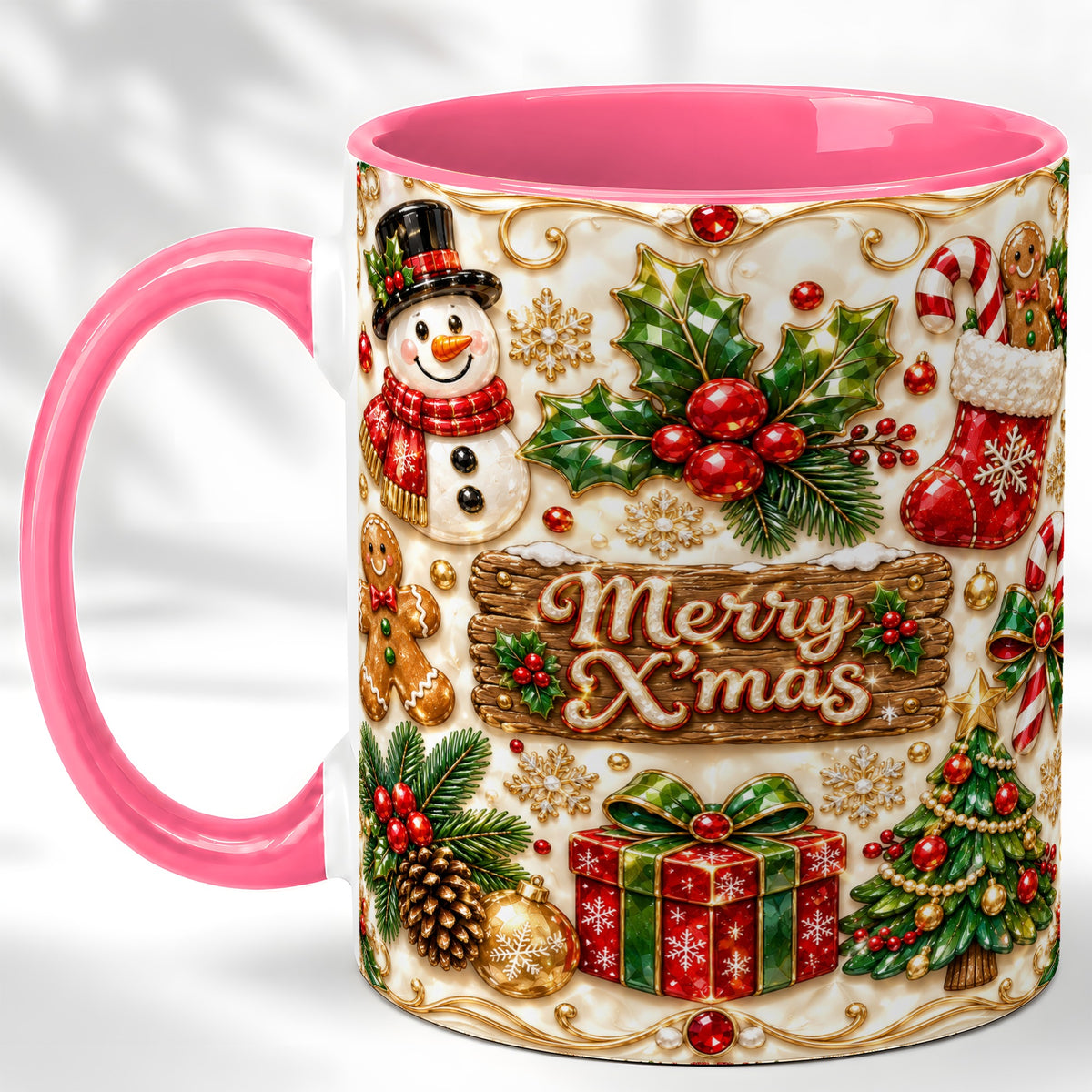 #pl[11oz|Pink] Christmas Snowman Coffee Mug, Holiday Mug, Ceramic Cup