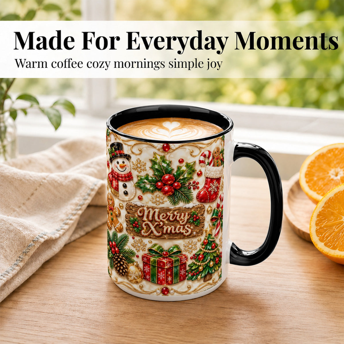 #pl[15oz|Black] Christmas Snowman Coffee Mug, Holiday Mug, Ceramic Cup